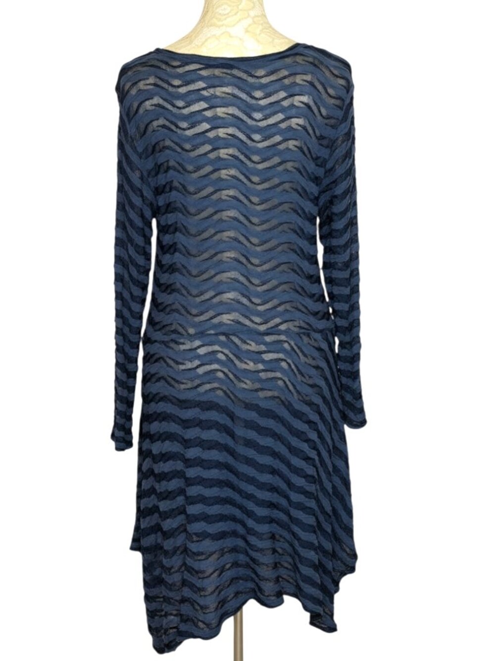 Cut Loose Mesh Knit Dress Sheer Stripe Asymmetrical Navy Blue M - Picture 2 of 5